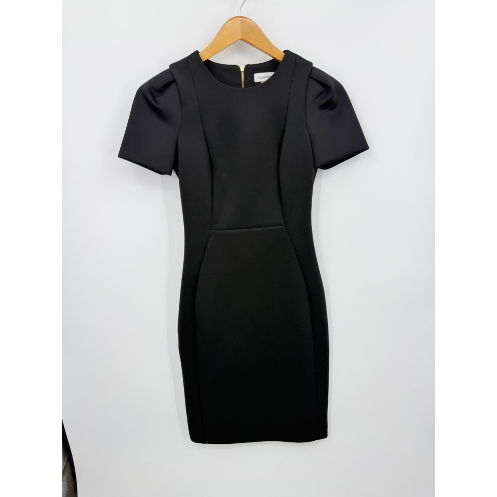 Calvin Klein Scuba Puff Sleeve Sheath Dress Women 2 Black Exposed Gold Zipper
